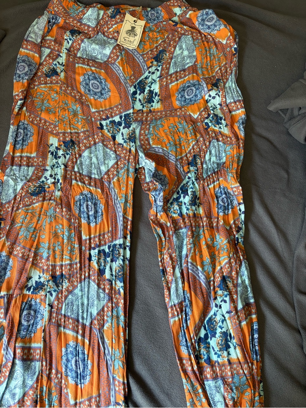 easel Orange and Blue Patchwork Wide-Leg Pants